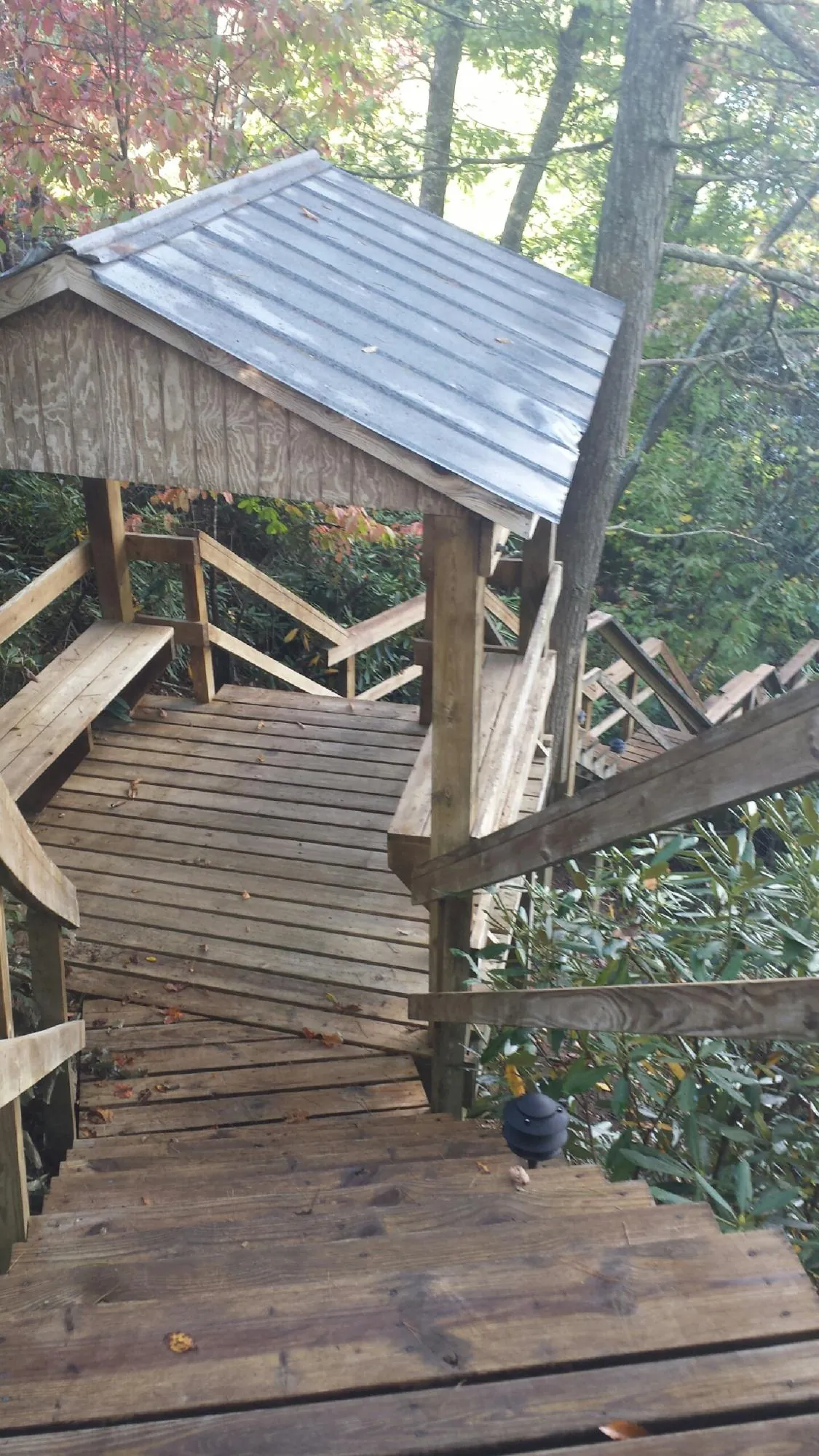 Metal roofed shelter over wooden steps on a wooded walkway — Skylight Repair & Installation work by our crew in Rock Port